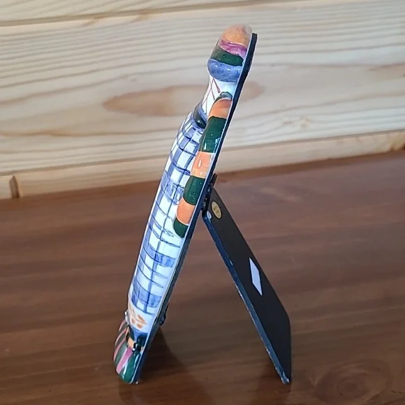 Vintage 90s Ceramic Picture Frame Colorful Double Handled Vase Jar Hand Painted - Picture 6 of 13